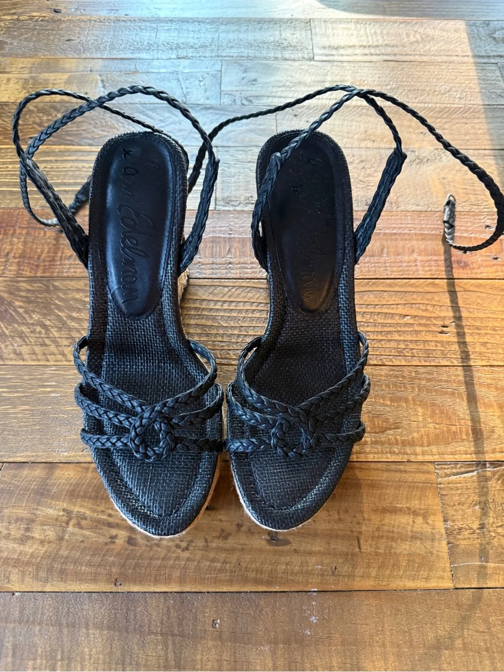 Sam Edelman Black Braided Wedge Sandals with Ankle Wrap